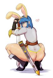 Rule 34 | 1boy, animal ears, ass, blue eyes, blue hair, boots, fake animal ears, fire emblem, heart, highres, huge ass, looking at viewer, looking back, male focus, marth (fire emblem), nintendo, rabbit ears, squatting, sword, thick thighs, thighs, weapon, yellow kirby