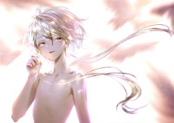 Rule 34 | 1other, absurdres, androgynous, colored eyelashes, crystal hair, ghost quartz (houseki no kuni), grey eyes, hand in own hair, highres, houseki no kuni, looking at viewer, nude, short hair with long locks, smile, solo, upper body, white eyes, white hair
