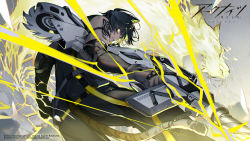 Rule 34 | 1boy, animal ears, arknights, black hair, broca (arknights), cat boy, cat ears, cat tail, closed mouth, copyright name, gin (oyoyo), gloves, gun, lightning, looking at viewer, male focus, official art, perspective, short hair, sleeveless, solo, tail, tattoo, weapon, yellow eyes