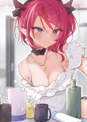 Rule 34 | 1girl, absurdres, airenif, alternate costume, blue eyes, blush, bottle, breasts, cleavage, cup, dress, earrings, frilled dress, frills, heterochromia, highres, hololive, hololive english, horns, irys (hololive), jewelry, medium breasts, medium hair, pendant, pointy ears, purple eyes, red hair, solo, virtual youtuber