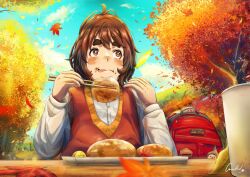 Rule 34 | 1girl, absurdres, artist name, autumn leaves, backpack, bag, bag charm, brown eyes, brown sweater vest, charm (object), chopsticks, creatrail, cup, day, disposable cup, eating, food, food on face, fruit, highres, leaf, licking lips, long sleeves, looking at viewer, maple leaf, outdoors, shirt, sitting, solo, sweater, sweater vest, thick eyebrows, tongue, tongue out, white shirt, yuzu (fruit)