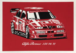 alfa_romeo_155 border british_touring_car_championship car grey_border michelin michelin_man monochrome motor_vehicle print_(medium) race_vehicle racecar red_background red_theme spoiler_(automobile) sponsor suganuma_naoki vehicle_focus vehicle_name