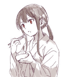 Rule 34 | 1boy, bowl, chopsticks, fate/grand order, fate (series), highres, holding, holding bowl, holding chopsticks, japanese clothes, kimono, long hair, long sleeves, looking away, low ponytail, male focus, monochrome, oda nobukatsu (fate), parted lips, ponytail, red eyes, rice, rice bowl, sidelocks, simple background, solo, tachitsu teto, upper body, white background, wide sleeves