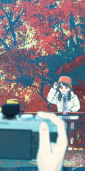 Rule 34 | 1girl, 1other, absurdres, ambiguous gender, arm up, autumn leaves, black pantyhose, blurry, blurry foreground, bolo tie, boots, bucket hat, camera, cardigan, collared shirt, fangs, fukumaru koito, hair ornament, hair over shoulder, hairclip, hand on headwear, hat, highres, idolmaster, idolmaster shiny colors, jacket, long sleeves, low twintails, medium hair, open clothes, open jacket, out of frame, paayan (hagakinorock54), pantyhose, parka, purple cardigan, purple eyes, purple nails, railing, rubber boots, shirt, signature, skin fangs, skirt, swept bangs, taking picture, tree, twintails, wavy hair, white footwear, white jacket, white shirt