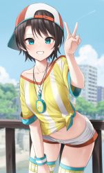Rule 34 | 1girl, absurdres, aqua eyes, backwards hat, baseball cap, brown hair, collarbone, grin, hat, highres, hololive, looking at viewer, loose clothes, loose shirt, navel, oozora subaru, oozora subaru (1st costume), red hat, shengtian, shirt, short hair, shorts, smile, solo, stopwatch, striped clothes, striped shirt, sweatband, teeth, thighhighs, tied shirt, tomboy, two-tone headwear, v, vertical-striped clothes, vertical-striped shirt, virtual youtuber, watch, white hat, white shirt, white shorts, yellow shirt