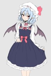 Rule 34 | 1girl, alternate costume, bat wings, blue hair, bow, bowtie, grey background, hat, junior27016, looking at viewer, mob cap, pointy ears, red bow, red bowtie, red hair, remilia scarlet, simple background, solo, standing, touhou, wings