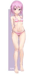 Rule 34 | 1girl, alice gear aegis, aomoro, arms behind back, bare legs, barefoot, bikini, blush, breasts, closed mouth, full body, hair between eyes, highres, hirasaka yotsuyu, long hair, looking at viewer, navel, pink eyes, pink hair, signature, simple background, small breasts, smile, solo, standing, stomach, striped bikini, striped clothes, swimsuit