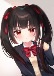 Rule 34 | 1girl, bad id, bad pixiv id, black hair, black jacket, blazer, blush, bow, brown hair, brown sweater, closed mouth, collared shirt, commentary request, diagonal stripes, dutch angle, gradient hair, hair bow, hand up, highres, jacket, long hair, long sleeves, looking at viewer, mirai (happy-floral), multicolored hair, open clothes, open jacket, original, red bow, red eyes, school uniform, shirt, sleeves past wrists, solo, striped, striped bow, sweater, twintails, twintails day, upper body, very long hair, white shirt