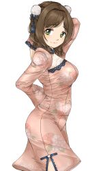 Rule 34 | 1girl, alternate costume, blush, breasts, brown hair, china dress, chinese clothes, dress, gatsby ssl, highres, idolmaster, idolmaster cinderella girls, light smile, looking at viewer, looking to the side, maekawa miku, medium breasts, pink dress, pom pom (clothes), side slit, simple background, solo, white background