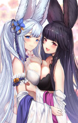 Rule 34 | 2girls, :3, :d, animal ears, bare shoulders, bell, black hair, blue eyes, blunt bangs, blush, breast press, breasts, cleavage, closed mouth, commentary request, couple, detached sleeves, erune, fang, female focus, fox ears, fox tail, from side, granblue fantasy, hair bell, hair flaps, hair ornament, happy, highres, hug, jingle bell, large breasts, long hair, looking at viewer, multiple girls, neck, open mouth, ponytail, red eyes, see-through, silver hair, smile, societte (granblue fantasy), symmetrical docking, tail, untue, very long hair, white detached sleeves, wide sleeves, yuel (granblue fantasy), yuri