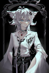 Rule 34 | 1girl, absurdres, alternate costume, animal ears, arknights, belt, black background, black necktie, blue eyes, closed mouth, cowboy shot, hair ornament, hairclip, highres, jewelry, lappland (arknights), long hair, long sleeves, looking at viewer, necklace, necktie, outside border, scar, scar across eye, scar on face, shirt, silver hair, simple background, smile, solo, surin (65889544), white shirt, wide sleeves, wolf ears