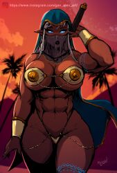 Rule 34 | 1girl, abs, absurdres, aleksandrgav, arm tattoo, artist name, bikini, black lips, blue eyes, breasts, bursting breasts, chain, cloak, cloud, cloudy sky, collarbone, commentary, cowboy shot, dark-skinned female, dark elf, dark skin, desert, elf, english commentary, eyeliner, female focus, fingernails, glowing, glowing eyes, highleg, highleg bikini, highres, holding, holding sword, holding weapon, jewelry, large breasts, leg tattoo, lips, looking at viewer, makeup, moon, mouth veil, muscular, muscular female, navel, necklace, original, outdoors, over shoulder, parted lips, pointy ears, princess, revealing clothes, sharp fingernails, sheath, sheathed, sky, solo, standing, sunset, swimsuit, sword, sword over shoulder, tattoo, toned, toned female, vambraces, veil, weapon, weapon over shoulder, white hair