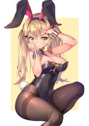 Rule 34 | 1girl, absurdres, animal ears, arm up, bang dream!, bare arms, bare shoulders, between breasts, black hairband, black leotard, blonde hair, blush, border, breasts, brown pantyhose, cleavage, collarbone, commentary request, covered navel, cross-laced clothes, crossed bangs, detached collar, embarrassed, fake animal ears, fake tail, feet out of frame, hair between eyes, hair ornament, hairband, hand on own cheek, hand on own face, hand up, highleg, highleg leotard, highres, ichigaya arisa, invisible chair, knee up, large breasts, leotard, long hair, looking at viewer, nasudora, necktie, necktie between breasts, outside border, pantyhose, playboy bunny, rabbit ears, rabbit tail, red necktie, shiny skin, side-tie leotard, sidelocks, sitting, solo, strapless, strapless leotard, striped clothes, striped wrist cuffs, tail, thighband pantyhose, thighs, twintails, white border, wrist cuffs, x hair ornament, yellow background, yellow eyes