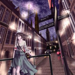 Rule 34 | 1girl, arm behind back, bad id, bad pixiv id, bag, blue eyes, breasts, building, car, city, city lights, cityscape, floating hair, grey skirt, hat, highres, lamppost, leaning, long hair, long skirt, long sleeves, motor vehicle, night, night sky, original, outdoors, road sign, scenery, shaded face, shirt, shoulder bag, sign, skirt, sky, solo, standing, star (sky), starry sky, tower, white hat, white shirt, wide sleeves, window, yusuke (shiota)