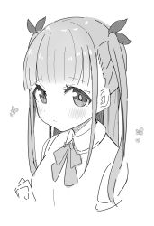 Rule 34 | 1girl, blush, closed mouth, collared shirt, commentary request, cropped torso, greyscale, hair ribbon, highres, long hair, monochrome, okota mikan, original, ribbon, shirt, short sleeves, simple background, solo, two side up, upper body, white background
