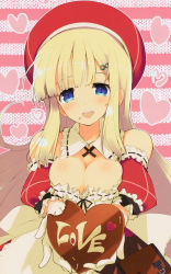 Rule 34 | 10s, 1girl, blonde hair, blue eyes, breasts, candy, chocolate, chocolate heart, cleavage, detached sleeves, dress, english text, food, gloves, hat, heart, highres, large breasts, long hair, senran kagura, solo, very long hair, yaegashi nan, yomi (senran kagura)
