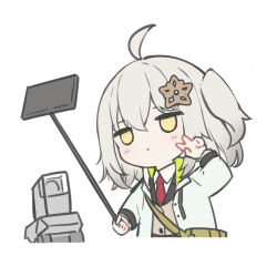 Rule 34 | 1girl, ahoge, arknights, blush, brown vest, cellphone, chibi, collared shirt, grey hair, hair between eyes, hair ornament, hand up, holding, jacket, jitome, long hair, long sleeves, necktie, one side up, open clothes, open jacket, phone, red necktie, robot, scene (arknights), selfie stick, shirt, simple background, solo, sutorora, v, vest, white background, white jacket, white shirt, yellow eyes