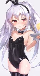 Rule 34 | 1girl, absurdres, ahoge, animal ears, black leotard, black thighhighs, bow, bowtie, champagne flute, cowboy shot, cup, detached collar, drinking glass, highres, isla (plastic memories), jiyasu, leotard, long hair, looking at viewer, plastic memories, playboy bunny, rabbit ears, rabbit tail, red eyes, simple background, solo, strapless, strapless leotard, tail, thighhighs, tray, twintails, white background, white hair, wrist cuffs