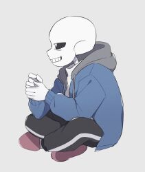 1boy black_pants blue_jacket full_body gloves grey_background grey_hood grin hood hooded_jacket jacket long_sleeves male_focus nano_mochi open_clothes open_jacket pants pink_footwear profile puffy_long_sleeves puffy_sleeves sans_(undertale) shirt simple_background single_vertical_stripe sitting skeleton slippers smile solo undertale white_eyes white_gloves white_shirt