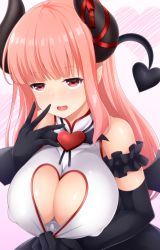 Rule 34 | 1girl, :d, bad id, bad pixiv id, bare shoulders, black gloves, black wings, breasts, cleavage, cleavage cutout, clothing cutout, commentary request, covered navel, curled horns, demon girl, demon horns, demon tail, demon wings, elbow gloves, eve.ch, eve valerne, gloves, hand to own mouth, hand up, heart, heart cutout, horn ornament, horn ribbon, horns, indie virtual youtuber, large breasts, long hair, looking at viewer, maccha, open mouth, pink hair, pointy ears, red eyes, red ribbon, ribbon, shirt, sleeveless, sleeveless shirt, smile, solo, tail, virtual youtuber, white shirt, wings