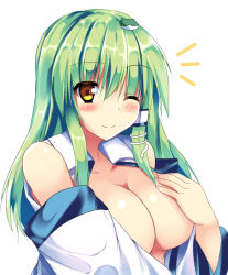 Rule 34 | 1girl, ;), bare shoulders, blush, breast hold, breasts, commentary request, covering privates, covering breasts, detached sleeves, frog hair ornament, green hair, hair between eyes, hair ornament, kochiya sanae, large breasts, looking at viewer, one eye closed, ryokushiki (midori-ya), simple background, smile, snake hair ornament, solo, touhou, white background, yellow eyes