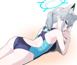 Rule 34 | 1girl, absurdres, animal ear fluff, animal ears, ass, back, bare shoulders, black one-piece swimsuit, blue archive, blue eyes, blue halo, blue one-piece swimsuit, blush, breasts, closed mouth, competition swimsuit, earrings, extra ears, from behind, grey hair, half-closed eyes, halo, highleg, highleg swimsuit, highres, honi (honi1010), jewelry, looking at viewer, looking back, low ponytail, lying, medium breasts, medium hair, multicolored clothes, multicolored swimsuit, official alternate costume, on stomach, one-piece swimsuit, own hands together, ponytail, shiroko (blue archive), shiroko (swimsuit) (blue archive), shoulder blades, sidelocks, solo, swimsuit, two-tone swimsuit, wolf ears, wolf girl