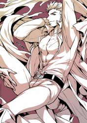 Rule 34 | 1boy, 1other, abs, bara, beard, belt, cape, clothes lift, command spell, commentary request, dynamic pose, epaulettes, facial hair, fate/grand order, fate (series), highres, jacket, jacket lift, long sideburns, looking at viewer, male focus, monochrome, muscular, napoleon bonaparte (fate), open clothes, open shirt, pants, pectoral cleavage, pectorals, scar, sideburns, smile, solo focus, takatsuki ichi, uniform