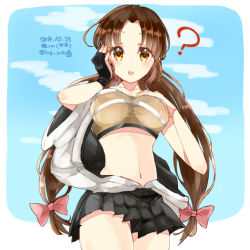 Rule 34 | 10s, 1girl, :o, ?, bad id, bad pixiv id, breasts, brown hair, cowboy shot, dated, day, gloves, hakama, hakama short skirt, hakama skirt, hand on own chest, hand on own face, japanese clothes, kantai collection, large breasts, long hair, low-tied long hair, low twintails, midriff, miniskirt, navel, parted bangs, partially fingerless gloves, partly fingerless gloves, shouhou (kancolle), skirt, sky, solo, twintails, yellow bunny, yellow eyes, yugake