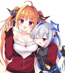 Rule 34 | 2girls, absurdres, ahoge, amane kanata, amane kanata (work), angel, arm around neck, arm over shoulder, bare shoulders, belt, black bow, black gloves, black ribbon, black shirt, blonde hair, blue eyes, blue hair, blunt ends, blush, bow, breasts, camisole, cleavage, collarbone, colored inner hair, diagonal-striped bow, dragon girl, dragon horns, face to breasts, fang, frilled camisole, frills, gloves, hair between eyes, hair bow, hair intakes, hair ornament, hair ribbon, hairclip, halo, hand up, highres, hololive, horn bow, horn ornament, horns, jacket, jewelry, kiryu coco, kiryu coco (loungewear), kofuyu (cofyuuun), large breasts, long hair, long sleeves, looking at viewer, multicolored eyes, multicolored hair, multiple girls, neck ribbon, necklace, off shoulder, official alternate costume, one eye closed, open clothes, open jacket, open mouth, orange hair, partially fingerless gloves, partially unzipped, pendant, pink hair, pointy ears, purple eyes, red eyes, red jacket, ribbon, shirt, side-by-side, sidelocks, silver hair, simple background, single hair intake, skin fang, sleeves past wrists, spaghetti strap, sparkle background, star (symbol), star halo, star necklace, streaked hair, striped, striped bow, sweatdrop, track jacket, twintails, upper body, v, virtual youtuber, white background, white camisole, zipper, zipper pull tab