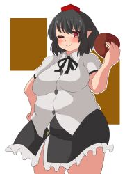 Rule 34 | 1girl, alternate body size, black hair, blush, breasts, brown background, buttons, commentary request, cowboy shot, hair between eyes, hat, highres, holding, large breasts, looking at viewer, medium hair, nerizou, one eye closed, pointy ears, red eyes, shameimaru aya, short sleeves, solo, split mouth, thick thighs, thighs, tokin hat, touhou, white background, wing collar