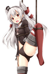 Rule 34 | 10s, 1girl, aikawa ryou, amatsukaze (kancolle), bdsm, black panties, blush, bondage, bound, brown eyes, dress, eyebrows, hairband, highres, kantai collection, leg lift, long hair, nose blush, open mouth, panties, rope, sailor dress, silver hair, simple background, solo, thighhighs, two side up, underwear, white background