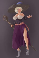 Rule 34 | 1girl, absurdres, blue eyes, breasts, closed mouth, earrings, hat, highres, jewelry, large breasts, meteora osterreich, pointy footwear, purple skirt, re:creators, shoes, short hair, simple background, skirt, solo, staff, standing, thwwshark, wizard hat
