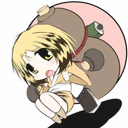 Rule 34 | 1girl, :o, backpack, bag, blonde hair, bottle, carrying, copyright request, cork, d:, full body, gourd, japanese clothes, kimono, knees up, looking at viewer, manyuuki, multicolored hair, no feet, notepad, nyan nyan, open mouth, outdoors, oversized object, short hair, short kimono, simple background, solo, two-tone hair, wed37927, white background, yellow eyes