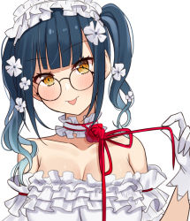 Rule 34 | 1girl, absurdres, bare shoulders, blue hair, blush, breasts, brown eyes, choco tanuki, cleavage, closed mouth, collarbone, dress, flower, glasses, gloves, hair flower, hair ornament, highres, large breasts, looking at viewer, medium hair, nijisanji, off-shoulder dress, off shoulder, red flower, red ribbon, red rose, ribbon, rose, round eyewear, smile, solo, tongue, tongue out, twintails, virtual youtuber, wavy hair, white dress, white flower, white gloves, yamagami karuta