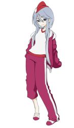Rule 34 | 10s, 1girl, commentary request, flint (girls und panzer), full body, girls und panzer, grey eyes, grey hair, gym shirt, gym uniform, hair over shoulder, hair tie, hat, jacket, long hair, long sleeves, looking at viewer, off shoulder, pants, pants rolled up, purple jacket, red hat, shirt, shoes, simple background, single vertical stripe, smirk, solo, sports festival, squatting, track jacket, track pants, twintails, uwabaki, wata do chinkuru, white background, white footwear, white shirt