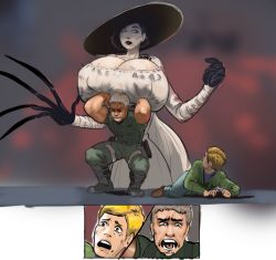 Rule 34 | 1girl, 2boys, alcina dimitrescu, black lips, blonde hair, grabbing another&#039;s breast, breasts, chris redfield, claws, comic, dress, ethan winters, gigantic breasts, grabbing, hat, huge breasts, long dress, military, military uniform, multiple boys, necrolepsy, resident evil, resident evil village, short hair, tall female, uniform