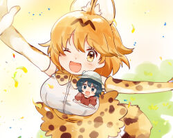 Rule 34 | animal ears, arm up, black hair, bow, bowtie, breast pocket, cat ears, elbow gloves, eyelashes, gloves, hat, highres, kaban (kemono friends), kemono friends, mini person, minigirl, one eye closed, open mouth, orange eyes, orange hair, outstretched arm, pocket, print bow, print bowtie, print gloves, print skirt, red shirt, serval (kemono friends), serval print, shirt, short hair, skirt, suicchonsuisui, white hat, white shirt