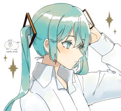 Rule 34 | 1girl, aqua eyes, aqua hair, artist logo, artist name, closed mouth, collared shirt, commentary, from side, hair between eyes, hand on own head, hand up, hatsune miku, highres, long hair, long sleeves, looking away, open collar, shirt, simple background, solo, sparkle, twintails, upper body, vocaloid, wandu mook, white background, white shirt