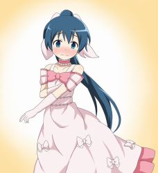 Rule 34 | 1girl, 3:, bare shoulders, blue eyes, blue hair, blush, bow, breasts, choker, cleavage, closed mouth, collarbone, commentary request, cowboy shot, dress, elbow gloves, embarrassed, frilled choker, frills, gloves, gradient background, hair bow, kin-iro mosaic, komichi aya, long hair, looking at viewer, nose blush, pink bow, pink choker, pink dress, pink gloves, ponytail, shippo (shishizaru), small breasts, solo, standing, sweatdrop, two-tone background