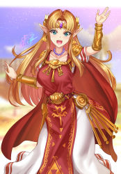 Rule 34 | 1girl, absurdres, blonde hair, blush, breasts, dress, elf, highres, jewelry, large breasts, long hair, looking at viewer, nez-box, nintendo, open mouth, pointy ears, princess zelda, smile, solo, super smash bros., the legend of zelda, the legend of zelda: a link between worlds, tiara, triforce