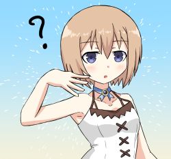 Rule 34 | armpits, bare shoulders, blanc (neptunia), blue eyes, breasts, brown hair, dress, highres, msn00100hyaksh1, neptune (series), open mouth, ribbon, short hair, small breasts, surprised