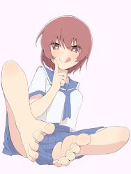 Rule 34 | 1girl, :p, bare legs, barefoot, blue skirt, brown eyes, brown hair, feet, female focus, full body, looking at viewer, miniskirt, pleated skirt, pov, salpin, school uniform, serafuku, short hair, simple background, sitting, skirt, soles, solo, toes, tongue, tongue out