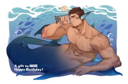 Rule 34 | 1boy, ?, abs, air bubble, bare pectorals, blue eyes, brown hair, bubble, caustics, chinese commentary, commentary request, completely nude, facial hair, fins, fish, full body, gift art, happy birthday, head fins, highres, holding, jiecaoxiong, male focus, merman, monster boy, muscular, navel, nipples, nude, object request, original, pectorals, scales, short hair, solo, spoken question mark, very short hair, water