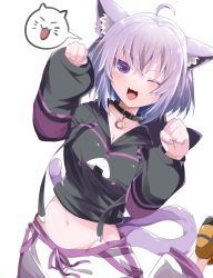 Rule 34 | 1girl, ;3, ;d, ahoge, animal ear fluff, animal ears, arm up, black collar, black hoodie, breasts, cat ears, cat girl, cat tail, collar, commentary request, cropped hoodie, hair between eyes, hand up, highres, hololive, hood, hoodie, long sleeves, looking at viewer, mafuri, medium breasts, midriff, nekomata okayu, nekomata okayu (1st costume), one eye closed, open mouth, pants, paw pose, purple eyes, purple hair, short hair, simple background, smile, solo, speech bubble, spoken expression, standing, standing on one leg, tail, virtual youtuber, white background, white pants