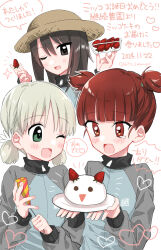 3girls aki_(girls_und_panzer) alternate_headwear blue_jacket blunt_bangs brown_eyes brown_hair brown_hat commentary dated dessert food fruit girls_und_panzer green_eyes grey_hair hair_tie hat heart highres holding holding_food holding_fruit holding_plate jacket keizoku_military_uniform long_hair long_sleeves looking_at_another low_twintails mika_(girls_und_panzer) mikko_(girls_und_panzer) military_uniform multiple_girls natsusa_(nts_summer) notice_lines one_eye_closed open_mouth party_popper plate raglan_sleeves red_eyes red_hair short_hair short_twintails smile straw_hat strawberry tearing_up track_jacket translated twintails twitter_username