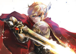 Rule 34 | 1boy, armor, blonde hair, blue eyes, cape, circlet, holding, holding sword, holding weapon, knight, looking at viewer, male focus, maplestory, mihile (maplestory), red cape, serious, short hair, solo, sword, upper body, vardan, weapon, white background