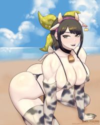 Rule 34 | 1girl, all fours, animal ears, animal print, ass, beach, bell, bikini, breasts, chabashira tenko, choker, cleavage, covered erect nipples, cow ears, cow horns, cow print, cow print bikini, cow print gloves, cow print thighhighs, cowbell, danganronpa (series), ear tag, elbow gloves, facing viewer, fake animal ears, fake horns, gloves, hairband, horns, large breasts, looking at viewer, mole, mole under mouth, nipples, open mouth, print bikini, print gloves, print thighhighs, red venvs, solo, swimsuit, thighhighs, thong bikini