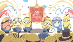 Rule 34 | &gt; &lt;, 3girls, absurdres, ahoge, blonde hair, blue hair, blue overalls, bocchi the rock!, chair, closed eyes, commentary request, confetti, cosplay, crown, cube hair ornament, despicable me, detached ahoge, goggles, gotoh hitori, gotoh hitori (octopus), hair ornament, highres, ijichi nijika, kaai yuu, kita ikuyo, minion (despicable me), minion (despicable me) (cosplay), minions (movie), multiple girls, multiple others, on chair, overalls, red hair, simple background, standing, white background, yamada ryo, yellow eyes