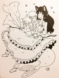 Rule 34 | 2girls, air bubble, animal ears, black hair, bubble, dress, female focus, fins, fish tail, formal, full body, gradient background, head fins, highres, imaizumi kagerou, kishiinu, long hair, marker (medium), mermaid, monochrome, monster girl, multiple girls, shoes, signature, suit, tail, touhou, traditional media, wakasagihime, wedding dress, wife and wife, wolf ears, yuri
