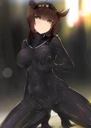 Rule 34 | 1girl, ass, black bodysuit, blush, bodysuit, breasts, brown hair, cameltoe, closed mouth, clothes writing, commentary request, covered erect nipples, covered navel, gluteal fold, green eyes, hair between eyes, hair flaps, hairband, hatsuzuki (kancolle), headband, highres, kantai collection, kusaka souji, large breasts, latex, latex bodysuit, long hair, looking at viewer, neckerchief, sailor collar, shiny clothes, short hair, sitting, solo, squatting, thighs
